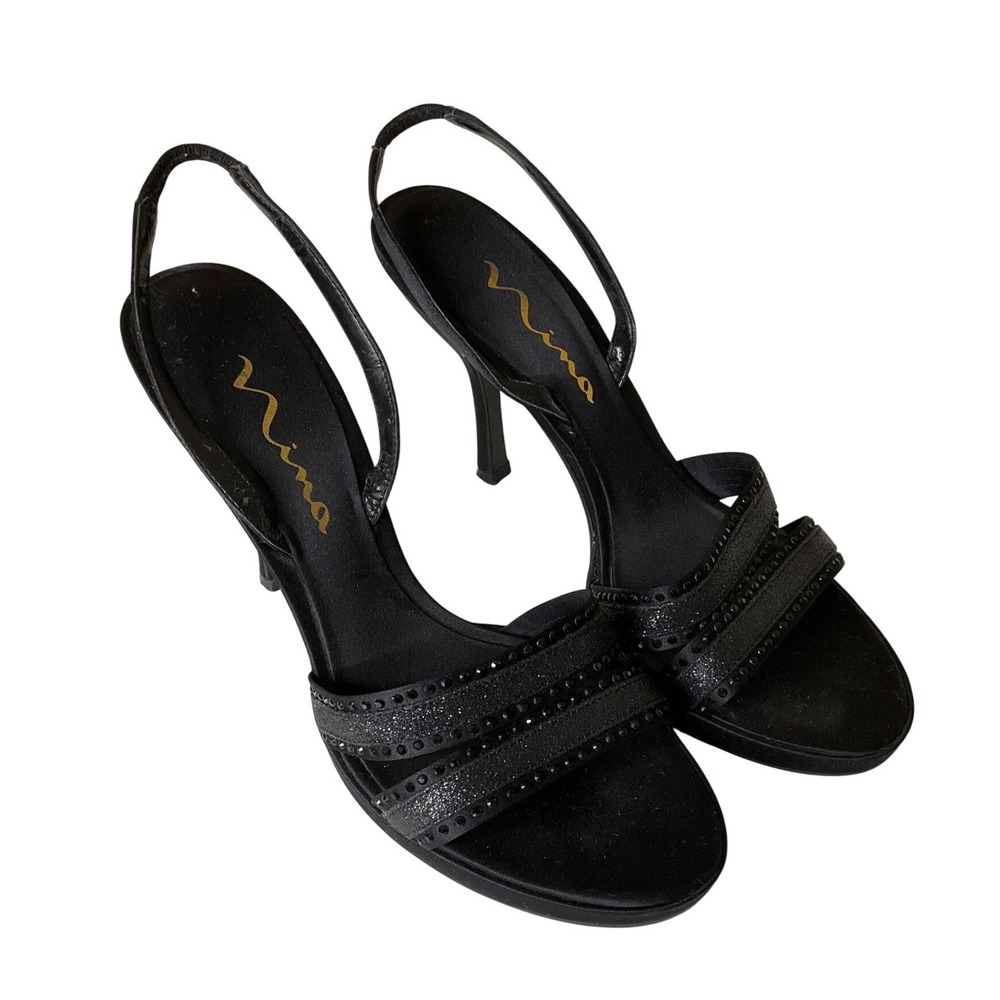 Nina Black Rhinestone Heels Sparkle Formal Cocktail Wedding Guest Holiday 8.5‎